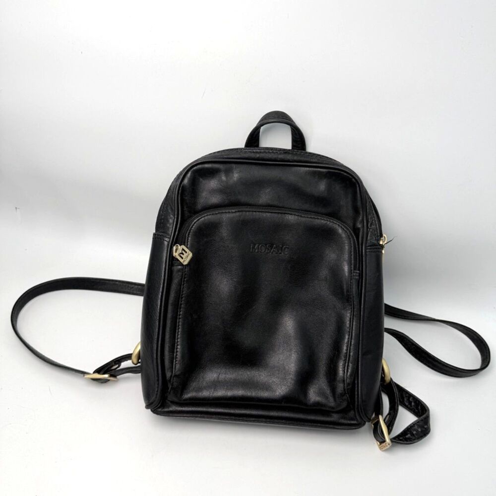 Mosaic Vintage Black Leather Backpack Brass Gold Hardware Rare Hipster